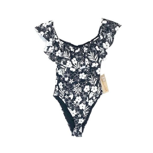 NWT Cabana del Sol Black w/Floral Print, Lined, Ruffled, One-Piece Swimsuit - S - Picture 1 of 7